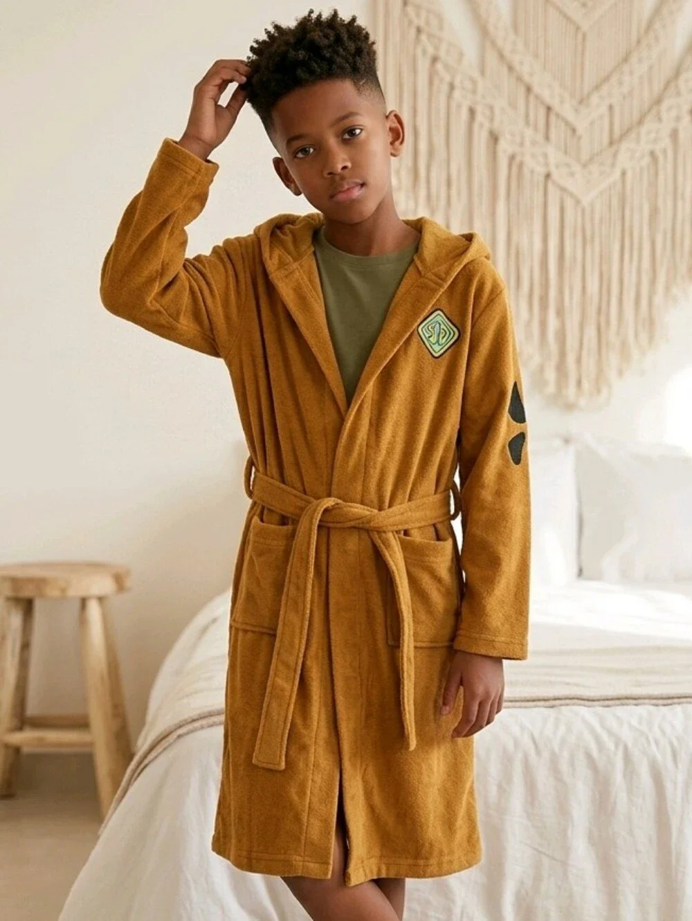 Scooby-Doo Hooded Robe Kids Unisex Fleece Bathrobe Belted Boys Girls Brown Dog